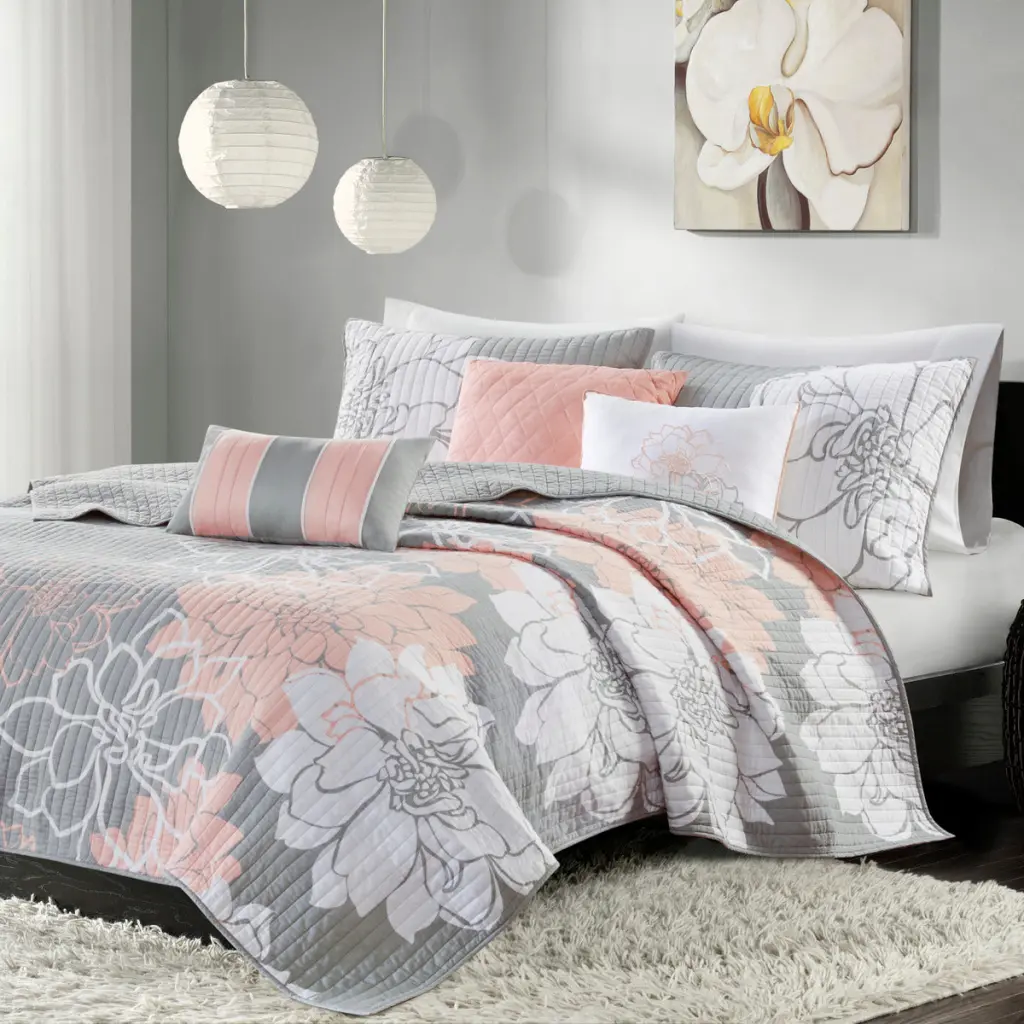 6 Piece Printed Cotton Quilt Set Throw Pillows Grey Peach Full Size jla