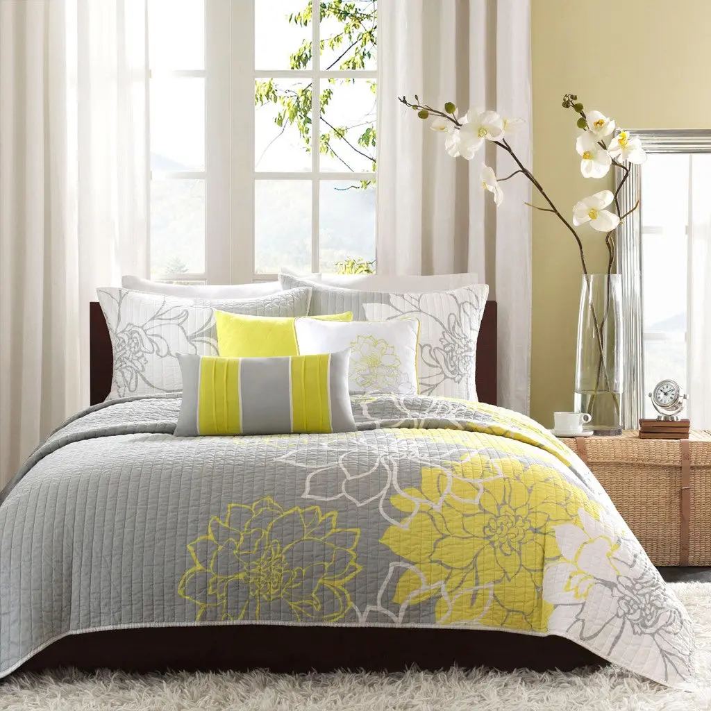 6 Piece Printed Cotton Quilt Set Throw Pillows Taupe Grey Yellow jla