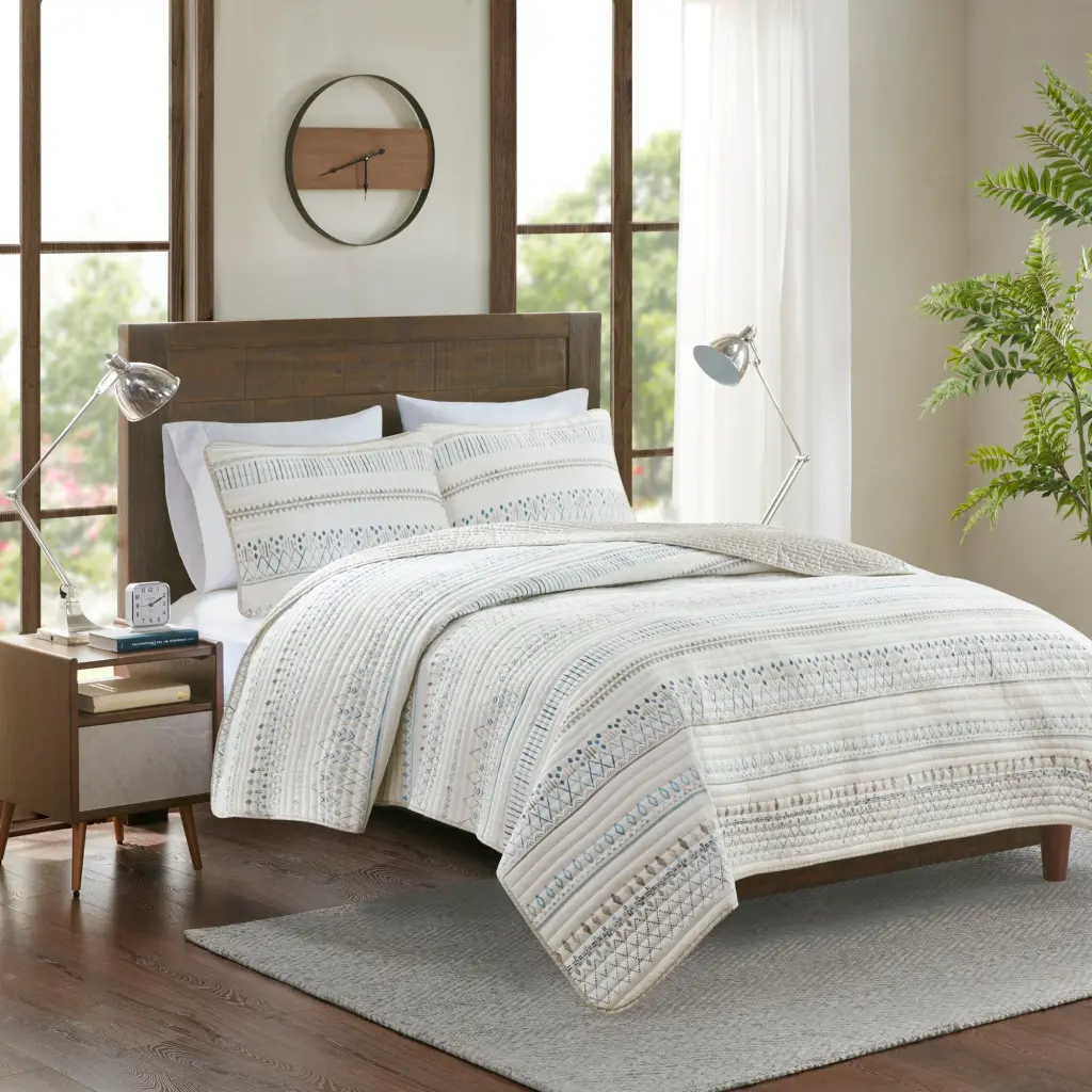 3 Piece Printed Microfiber Seersucker Quilt Set Taupe Blue Full Queen Size Bedding jla