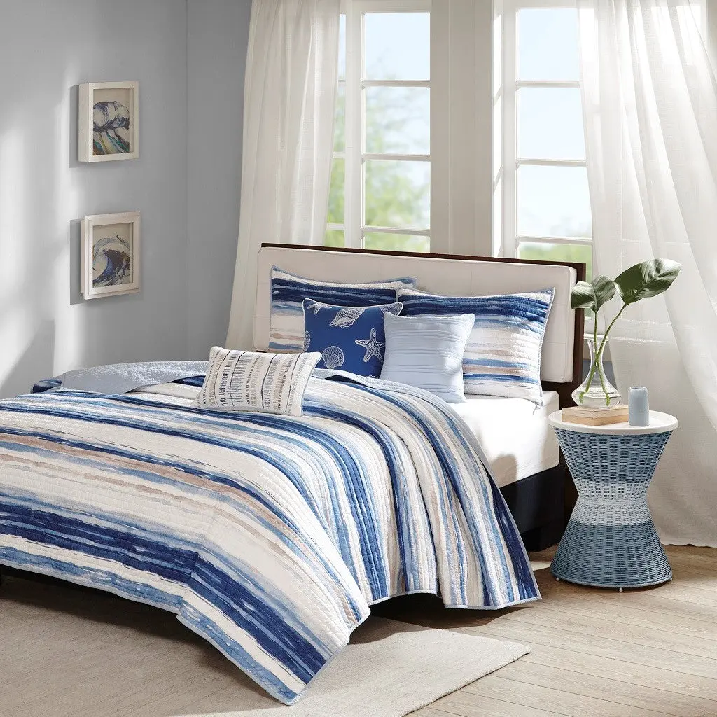 6 Piece Printed Quilt Set Throw Pillows Blue King Cal King King Bedding Set jla
