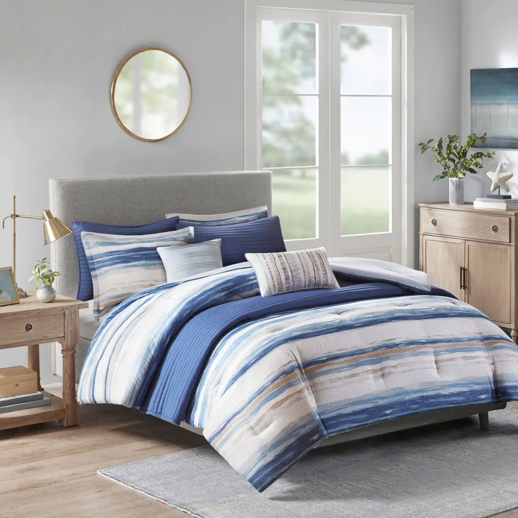 8 Piece Printed Seersucker Quilt Set Gathering Blue Full Queen Bedding jla