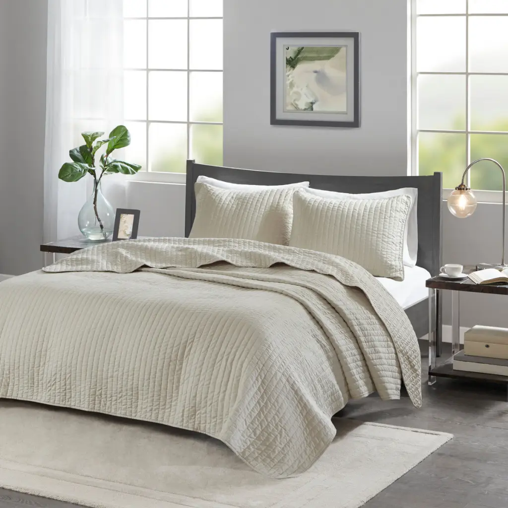 3 Piece Quilt Set Cream Full Queen Size Cotton Bedding Set jla
