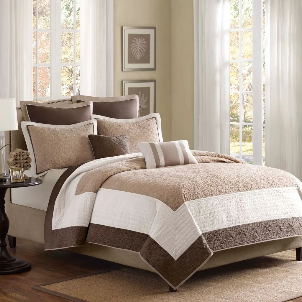 7 Piece Quilt Set Euro Shams And Throw Pillows Beige King Size jla
