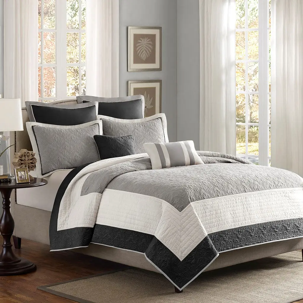 7 Piece Quilt Set Euro Shams And Throw Pillows Black Full Queen jla