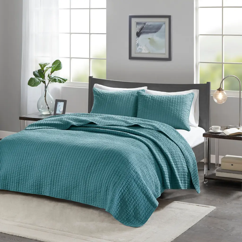 3 Piece Quilt Set Teal King Size Microfiber Bedding jla