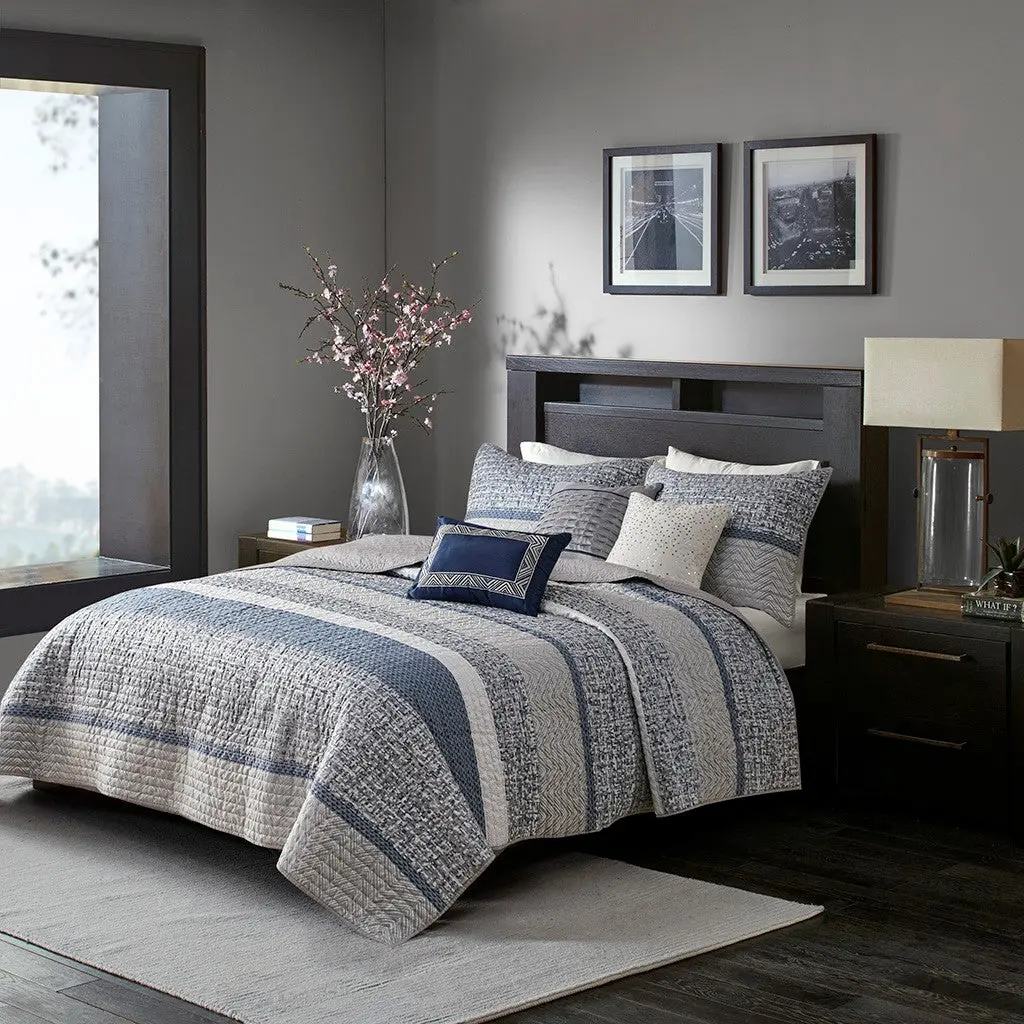 6 Piece Reversible Jacquard Quilt Set Throw Pillows Navy King Size jla