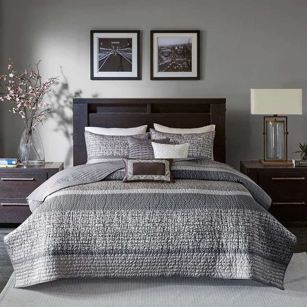 6 Piece Reversible Jacquard Quilt Set Throw Pillows Grey Taupe Full Queen jla