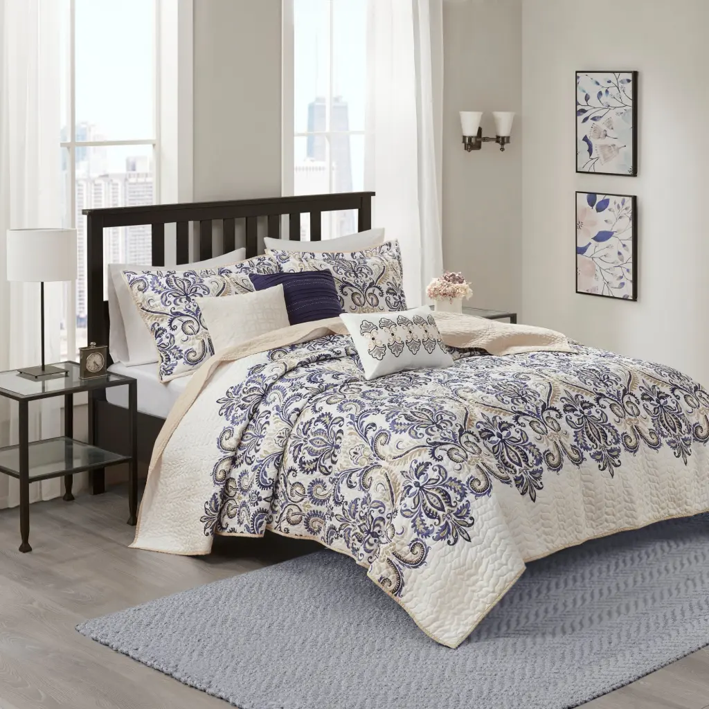 6 Piece Reversible Quilt Set Throw Pillows Navy Tan King California King Size Bedding jla
