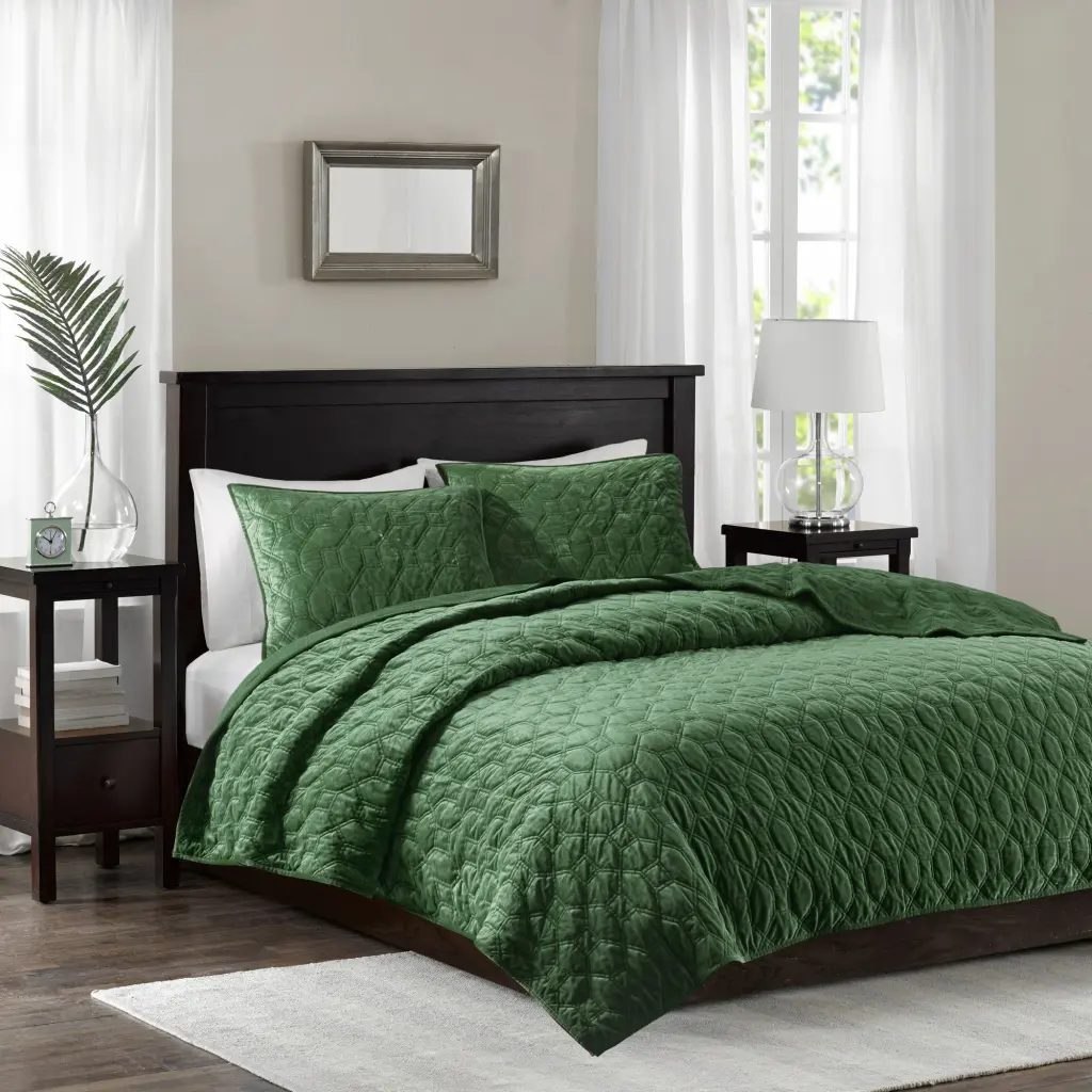 3 Piece Velvet Quilt Set Green Full Queen Size Cotton Bedding jla