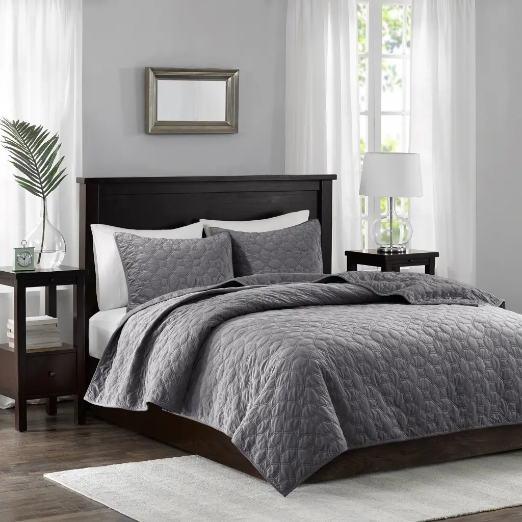 3 Piece Velvet Quilt Set Grey Full Queen Size Cotton Bedding Collection jla