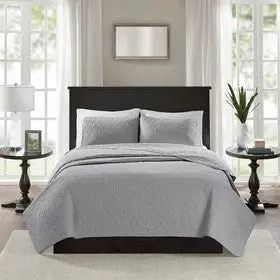 Reversible Quilt Set Grey Full Queen Size Cotton Bedspread Matching Pillow Shams jla