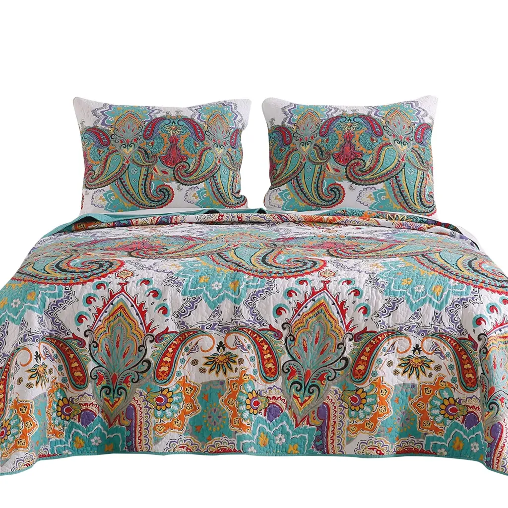 3 Piece King Size Cotton Quilt Set Paisley Print Teal Blue royal hampton