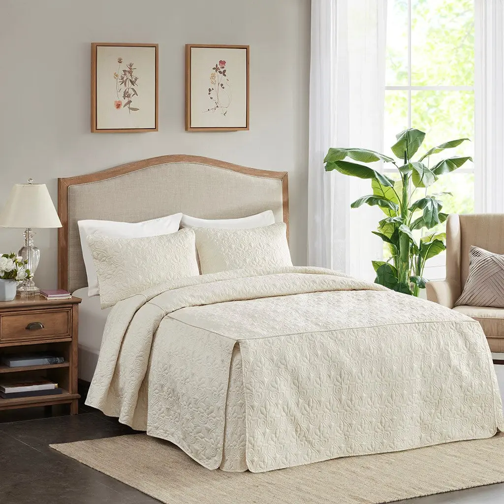 3 Piece Split Corner Pleated Quilted Bedspread Cream Queen Size Polyester Bedding Set jla