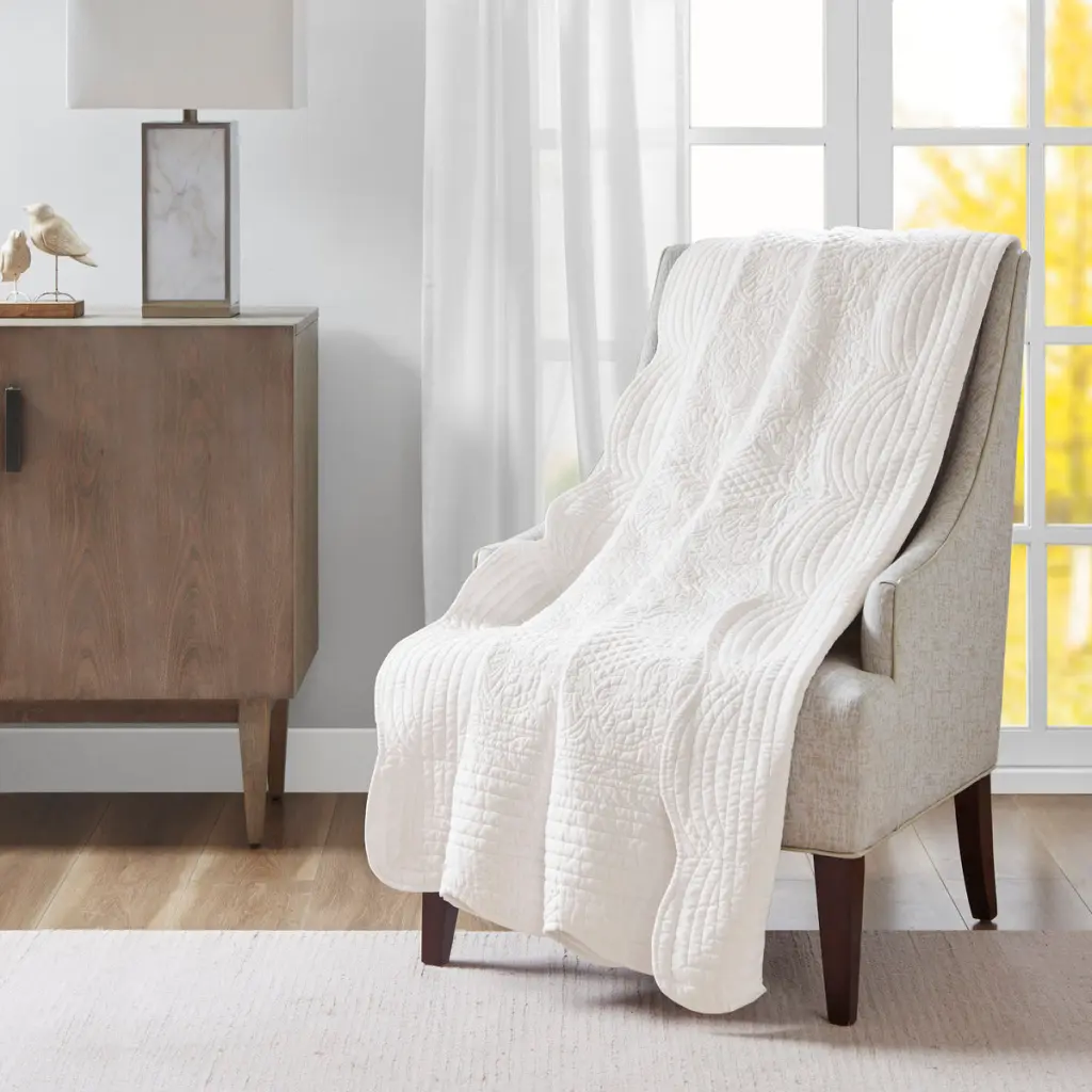 Oversized Quilted Throw Soped Edges White 60X72 Inches Cotton jla