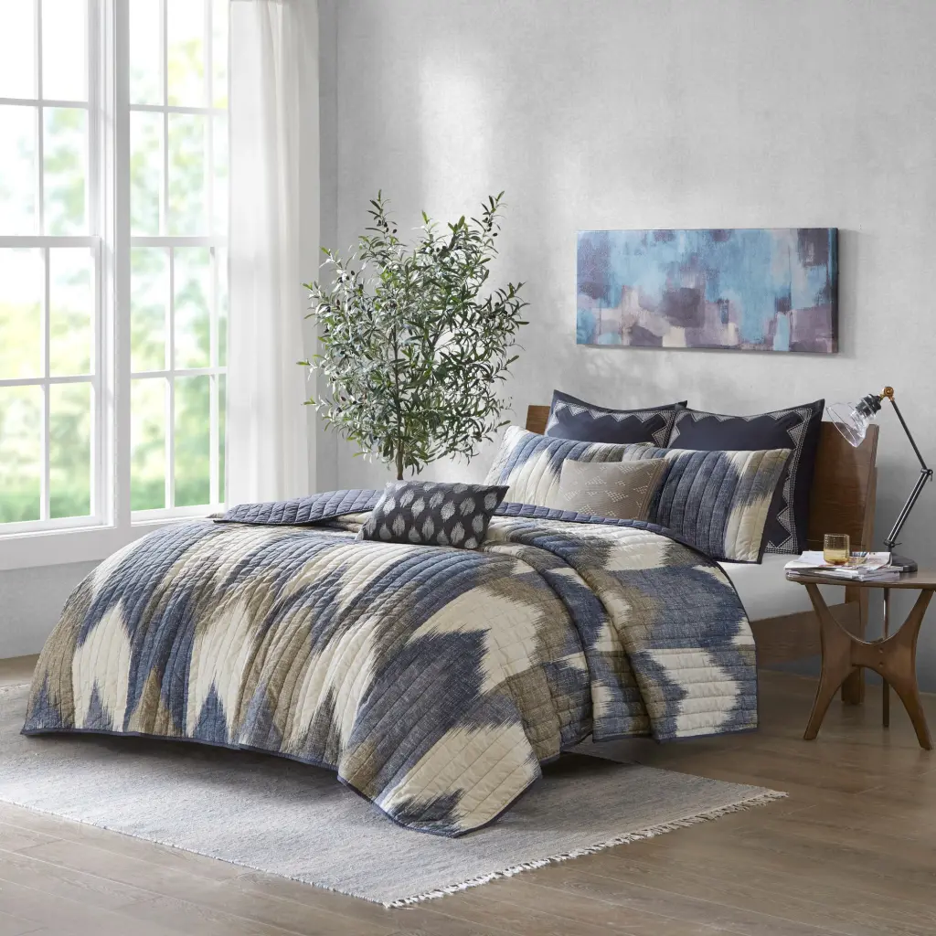 3 Piece Printed Navy King Size Cotton Quilt Set Cal King Beds jla