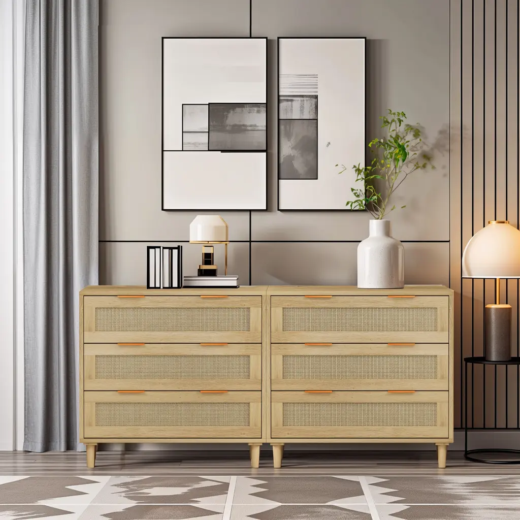Set 2 Rattan Storage Cabinets 3 Drawers Bedroom or Living Room spribung