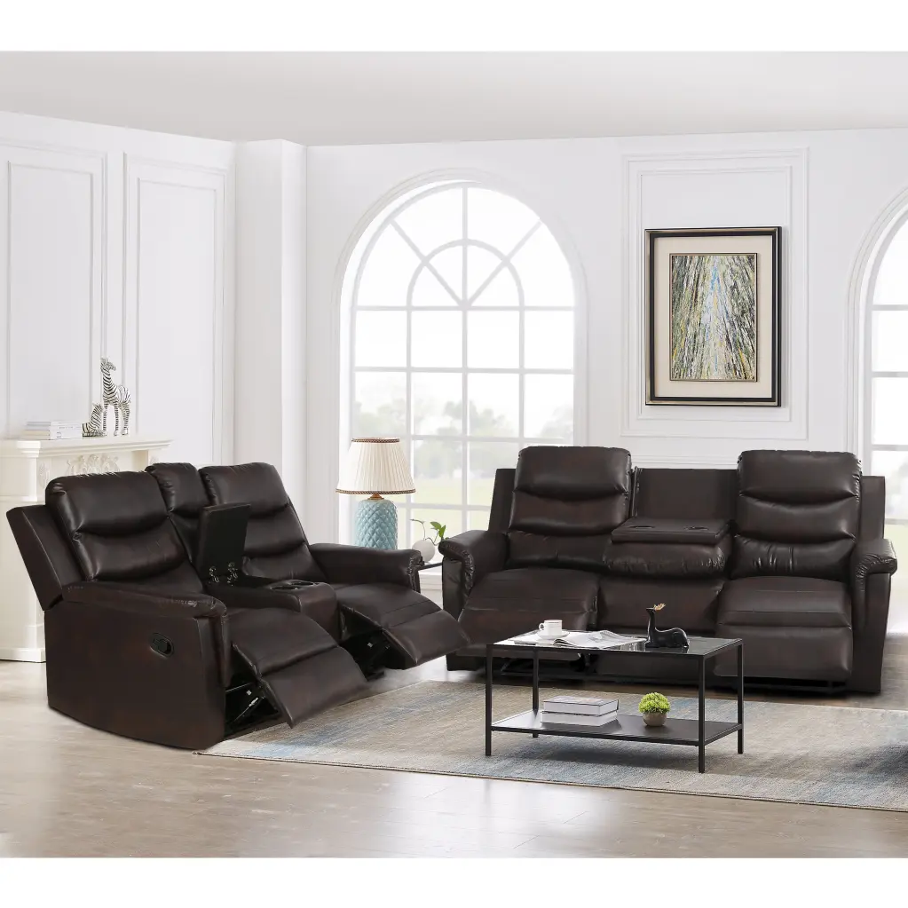 2 Piece Manual Recliner Living Room Set Grey Brown PU Leather Sofa And Loveseat relax lounge