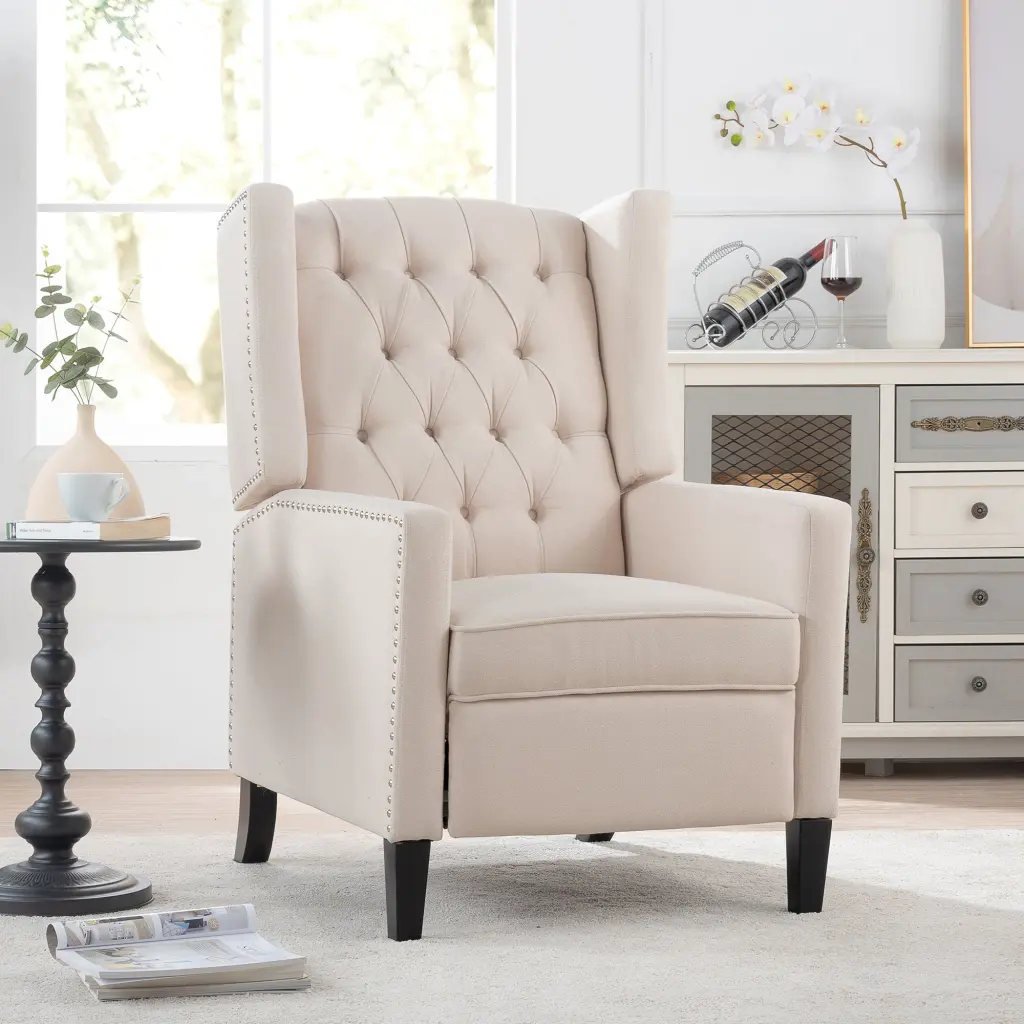 27.16 Inch Wide Manual Wing Chair Recliner Beige Upholstered Lounge Chair rnb