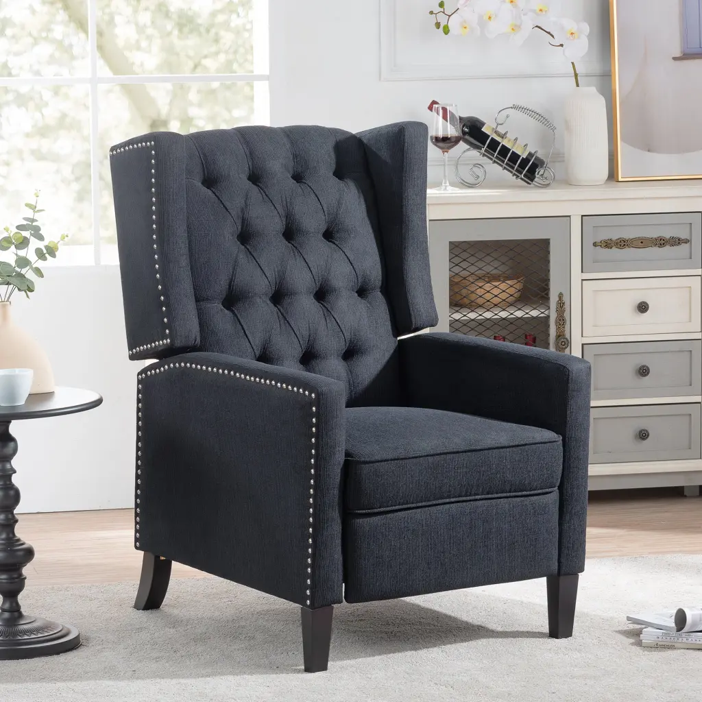 27.16 Inch Wide Manual Wing Chair Recliner Black Material rnb