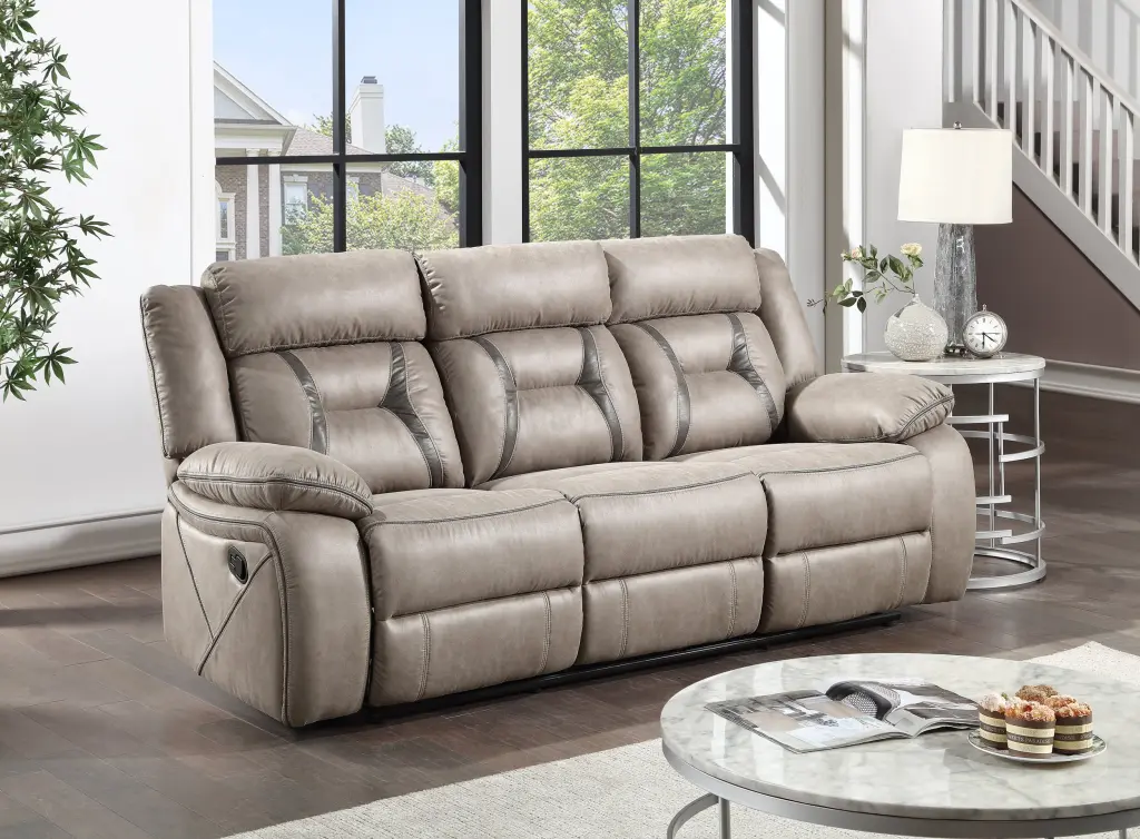 Tyson Recliner Sofa Drop Down Table Pearl Shiny Metal Gray Faux Leather steve silver furniture
