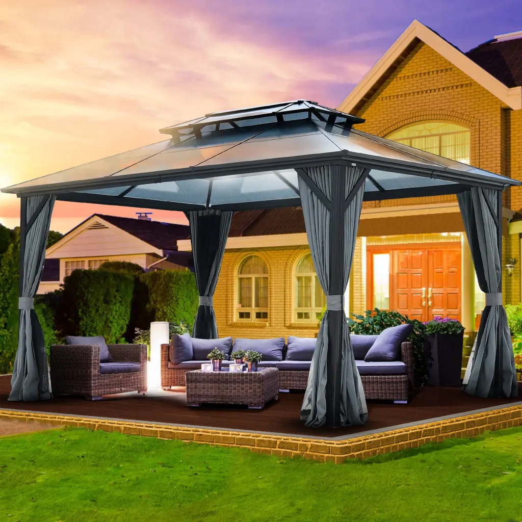 10X13Ft Patio Gazebo Netting & Drapes Black And Gray - Outdoor Garden Shelter t2586
