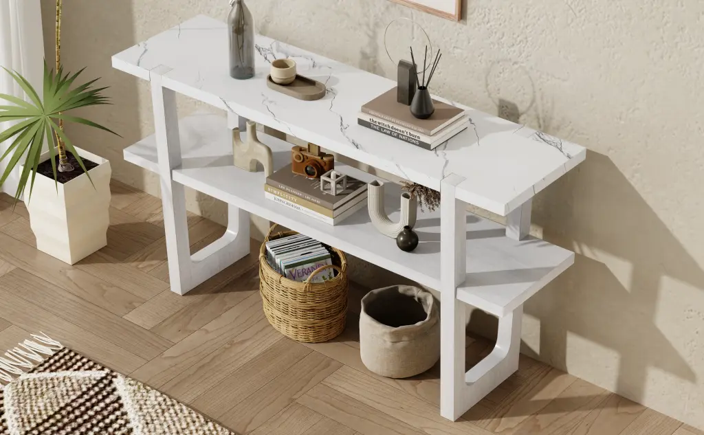 Retro Elegant Console Table Stone Effect Top and Multi Functional Storage rnb