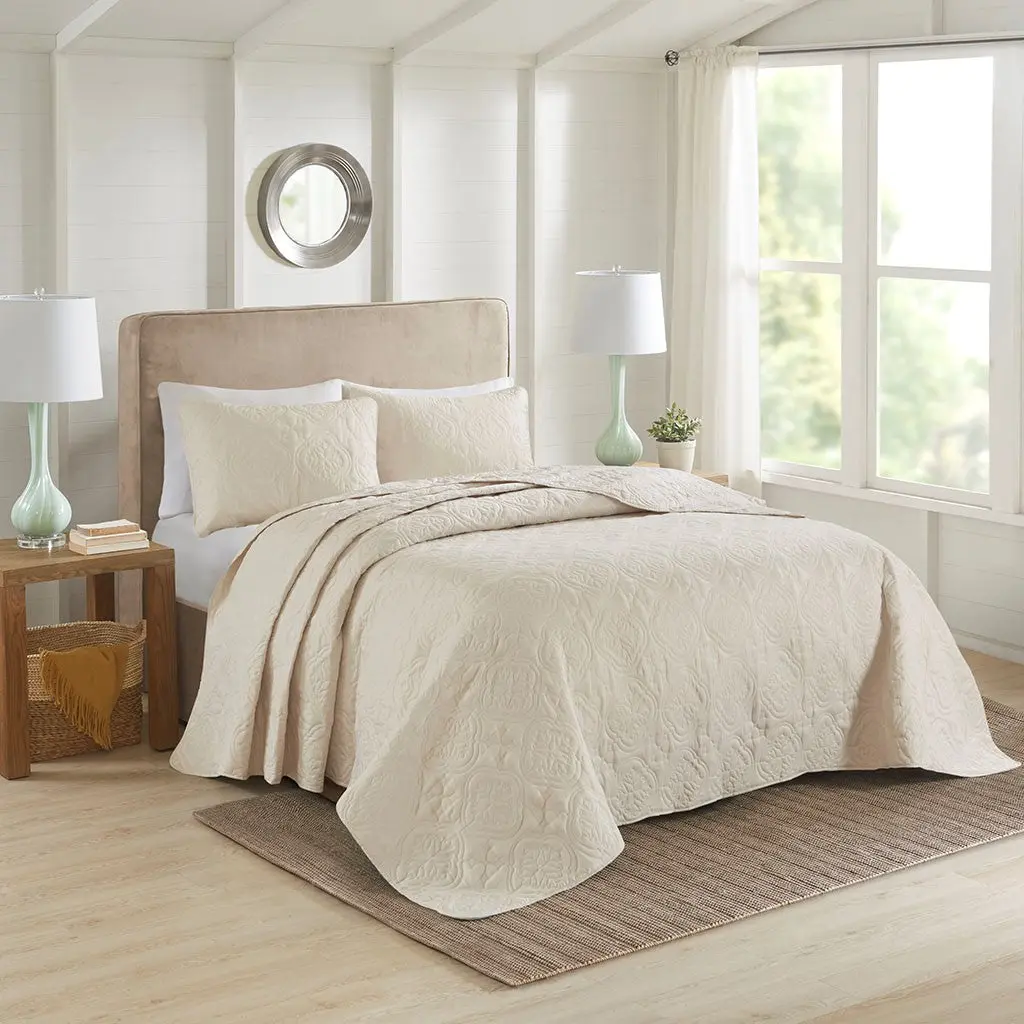 3 Piece Reversible Bedspread Set - Cream Full Queen Size - Microfiber Comfort jla