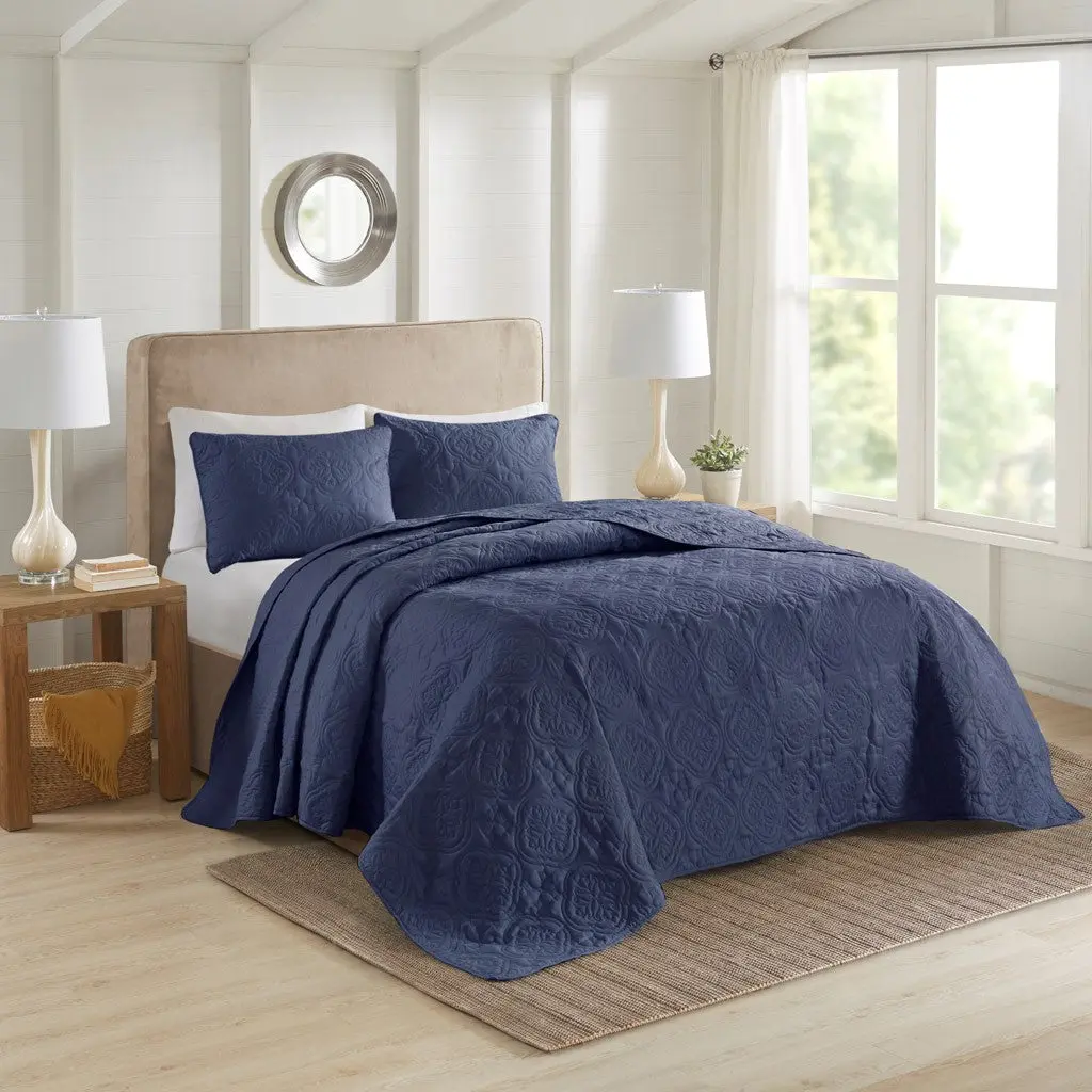 3 Piece Reversible Bedspread Set Navy Full Queen Size Polyester Bedroom jla