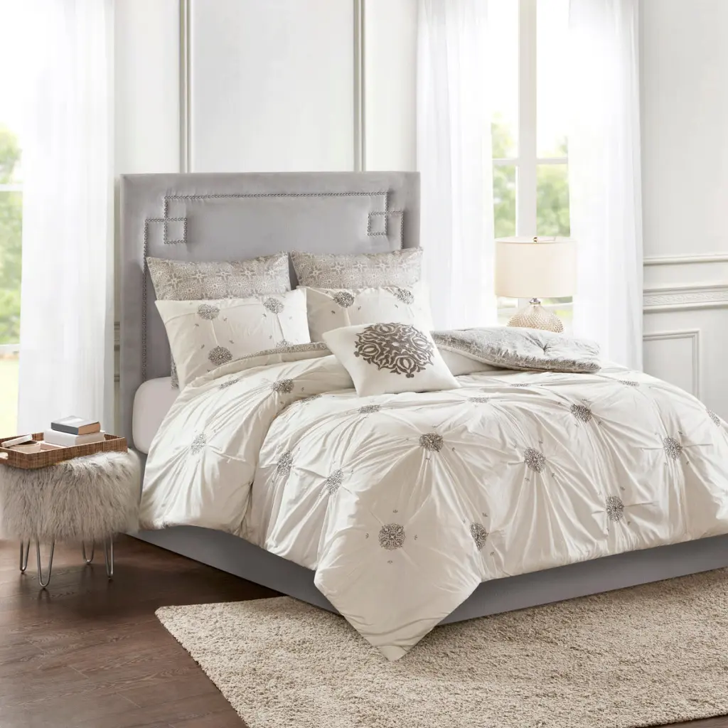 6 Piece Embroidered Cotton Reversible Comforter Set Ivory Full Queen jla