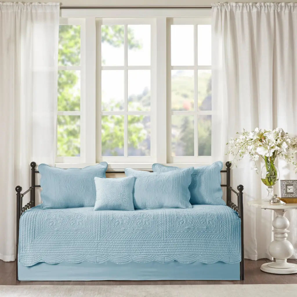 6 Piece Reversible Soped Edge Daybed Cover Set Blue Polyester Bedding jla