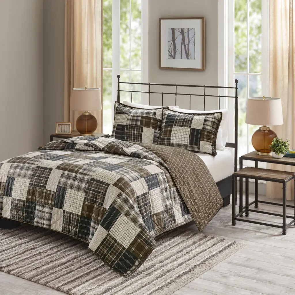 3 Piece Reversible Printed Quilt Set King Cal King Black Brown Bedding jla