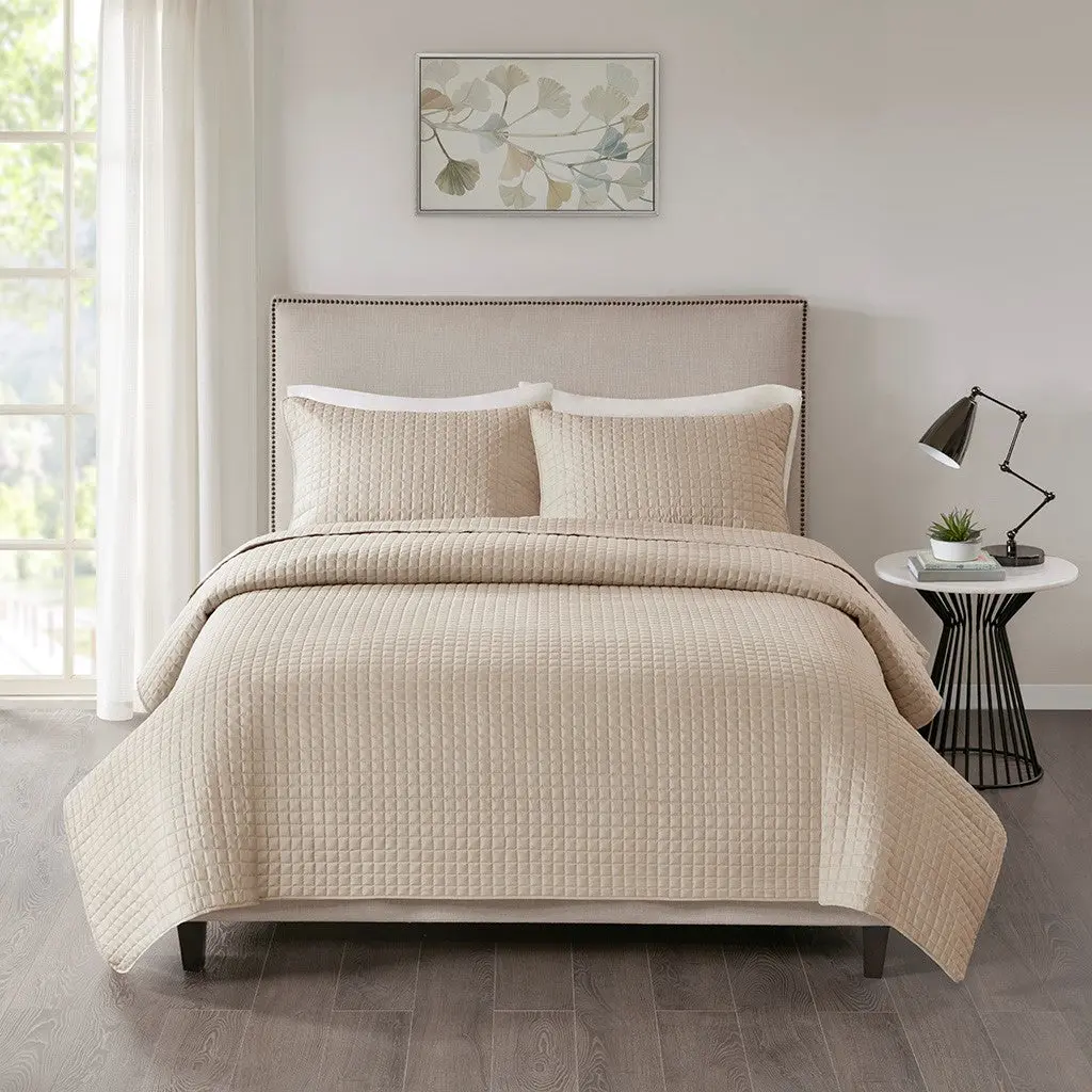 3 Piece Reversible Quilt Set Khaki King California King Polyester jla