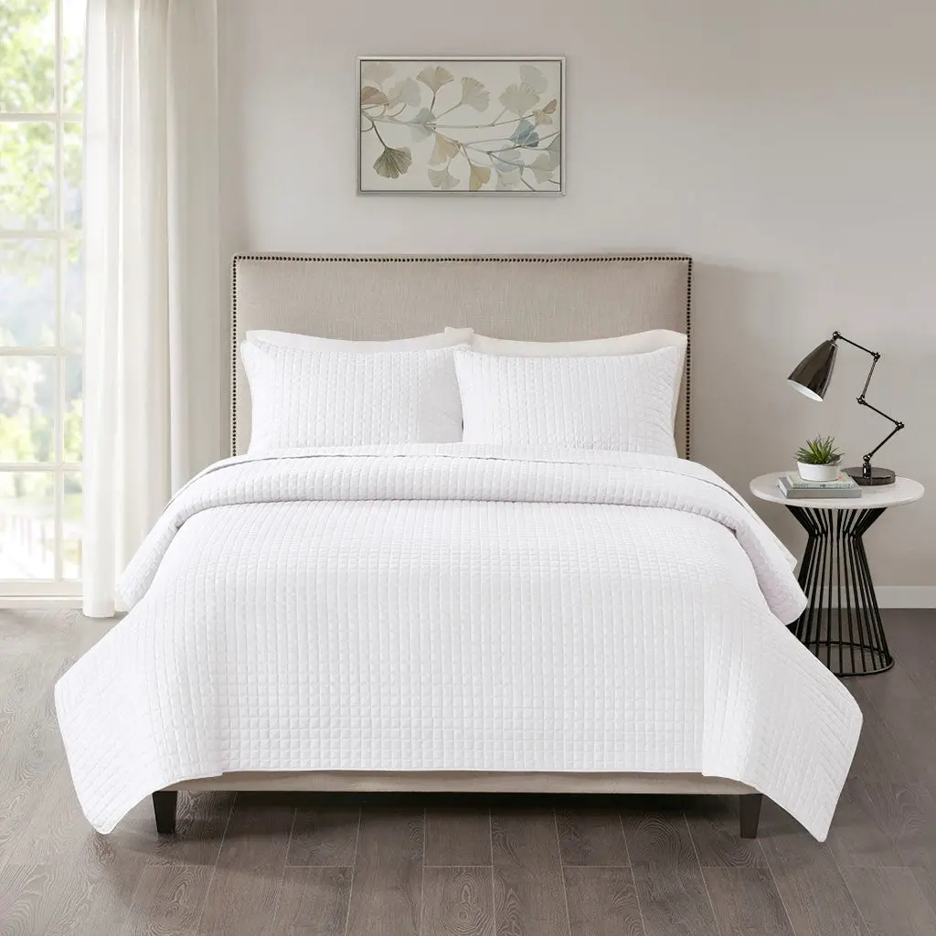 3 Piece Reversible Quilt Set White Full Queen Polyester Bedding jla
