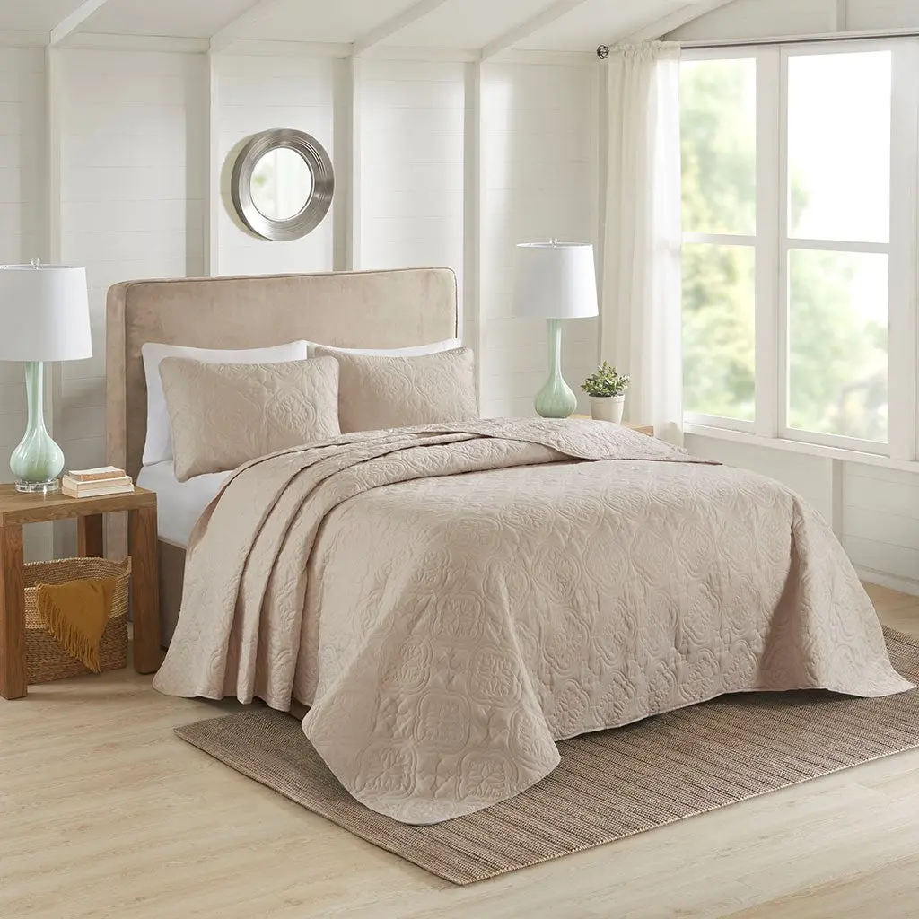 3 Piece Reversible Bedspread Set Khaki Full Queen Size Microfiber jla