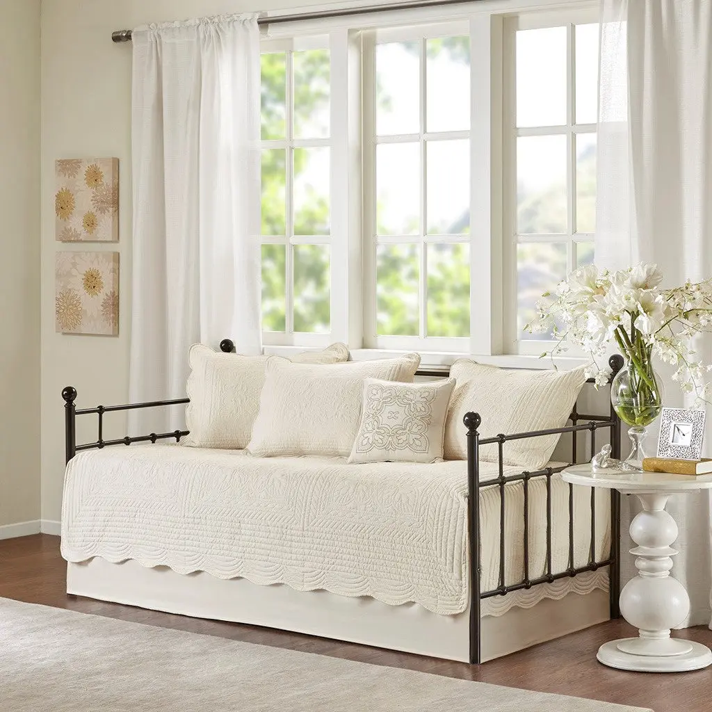 6 Piece Reversible Scalloped Edge Daybed Cover Set Cream Polyester jla