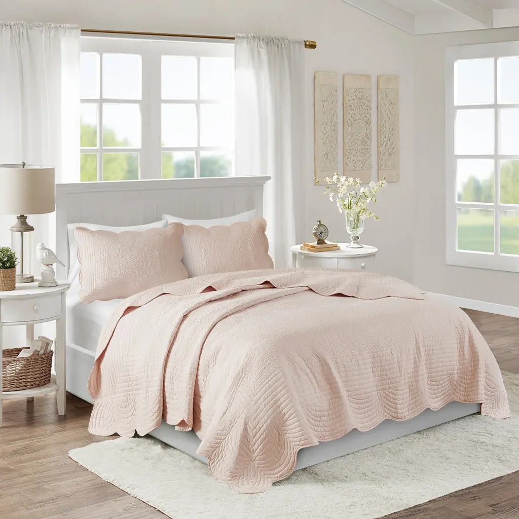 3 Piece Reversible Soped Edge Quilt Set Blush Microfiber Soft Bedding jla