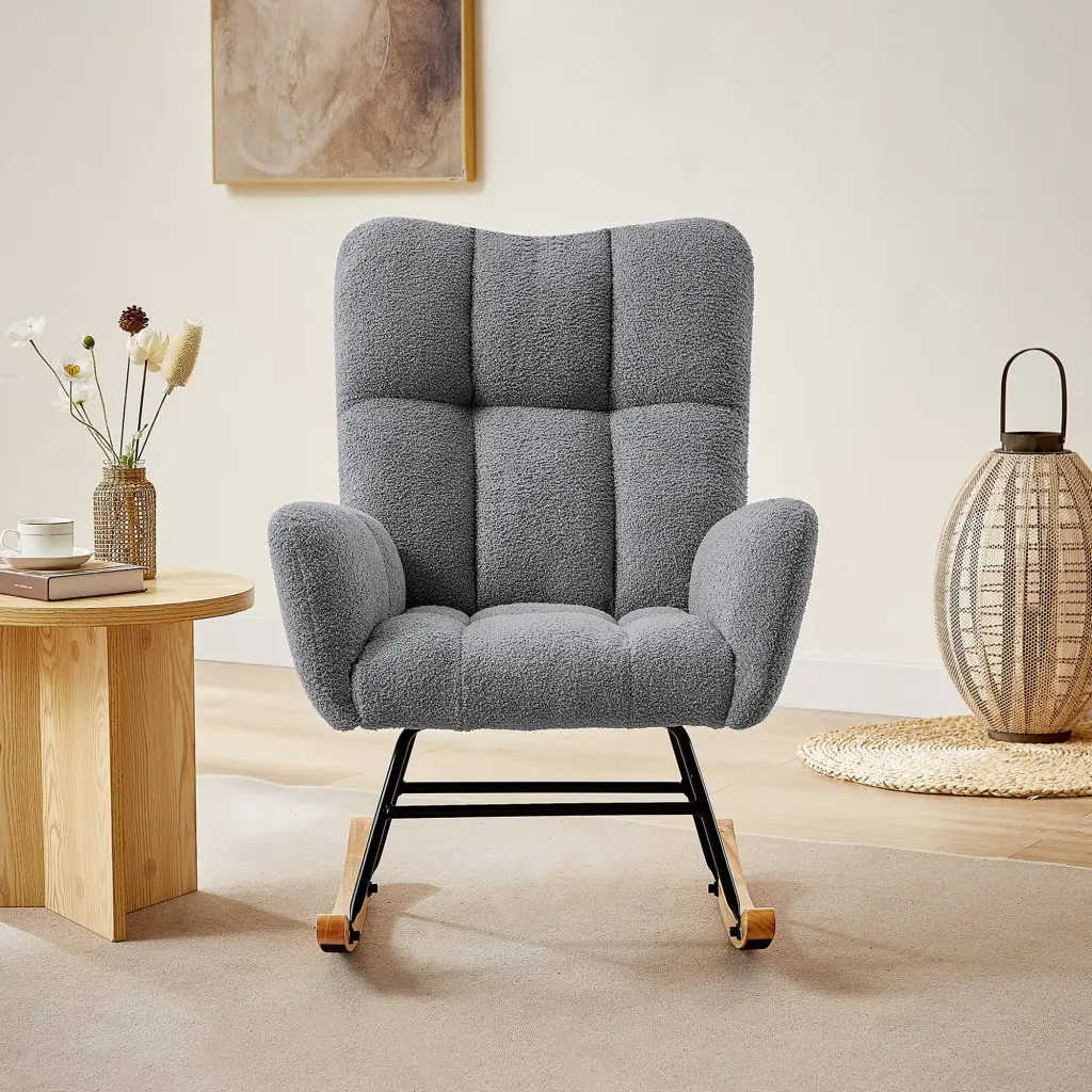 Grey Teddy Material Rocking Chair Grey Metal Frame Living Room Furniture cy furniture