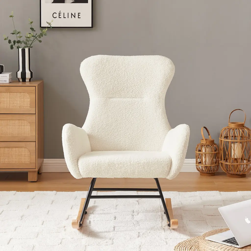 Off White Teddy Fabric Rocking Chair Foam Cushion And Metal Frame cy furniture