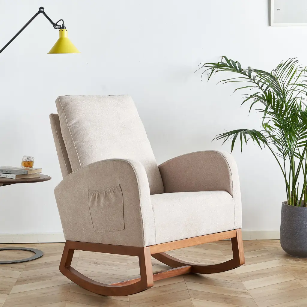 27.56 Inch Wide Linen Rocking Chair Accent Chair Beige wq furniture