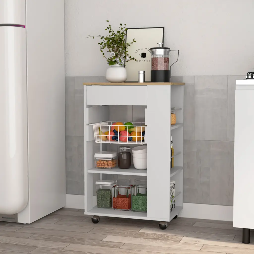 Blosson Kitchen Shopping Basket One Drawer Two Open Shelves Four Casters White tuhome