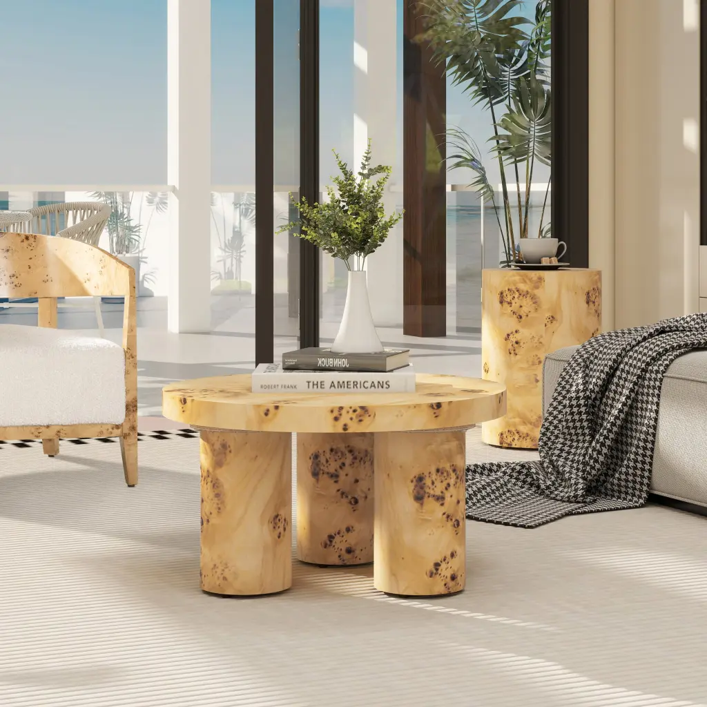 Nebula 28 Inch Round Pillar Leg Coffee Table Warm Natural Brown Burl Timber jennifer taylor home