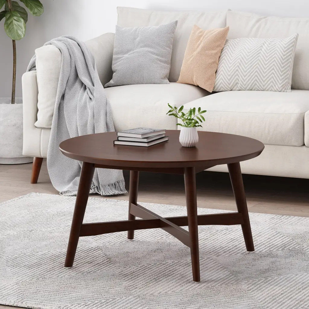 Round Coffee Table X Cross Base Walnut Primary Living Space Chinese Style nh-homeliving-can