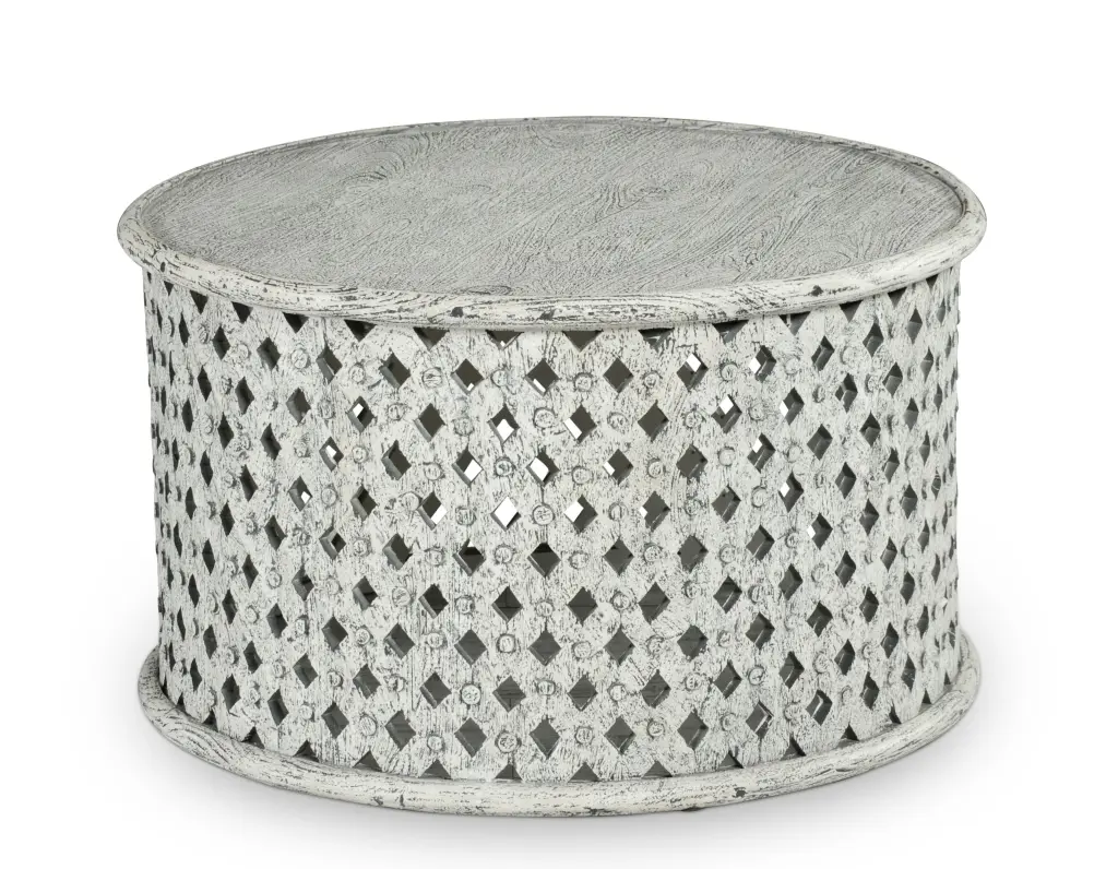Samir Round Tribal Carved Timber Cocktail Table White Finish steve silver furniture