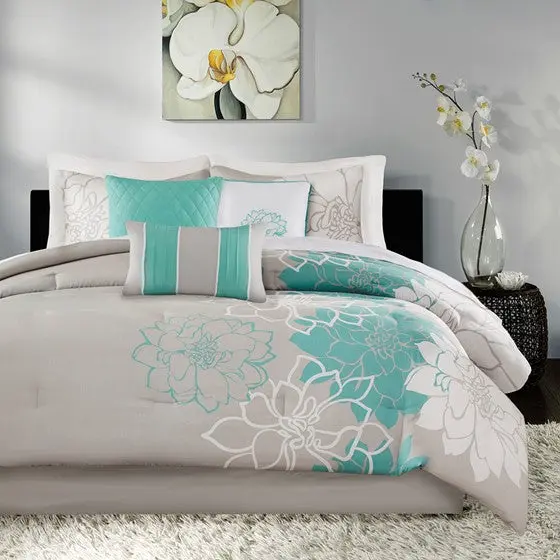 Printed Cotton Sateen Comforter Set Aqua King Size - Luxurious Comfort jla