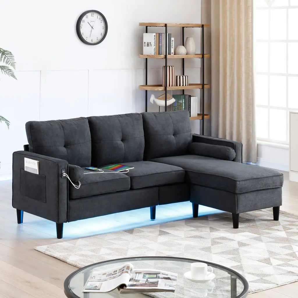 75.2 Inch Convertible Sectional Sofa Couch 2 Side Pockets Modern Living aijiafurniture