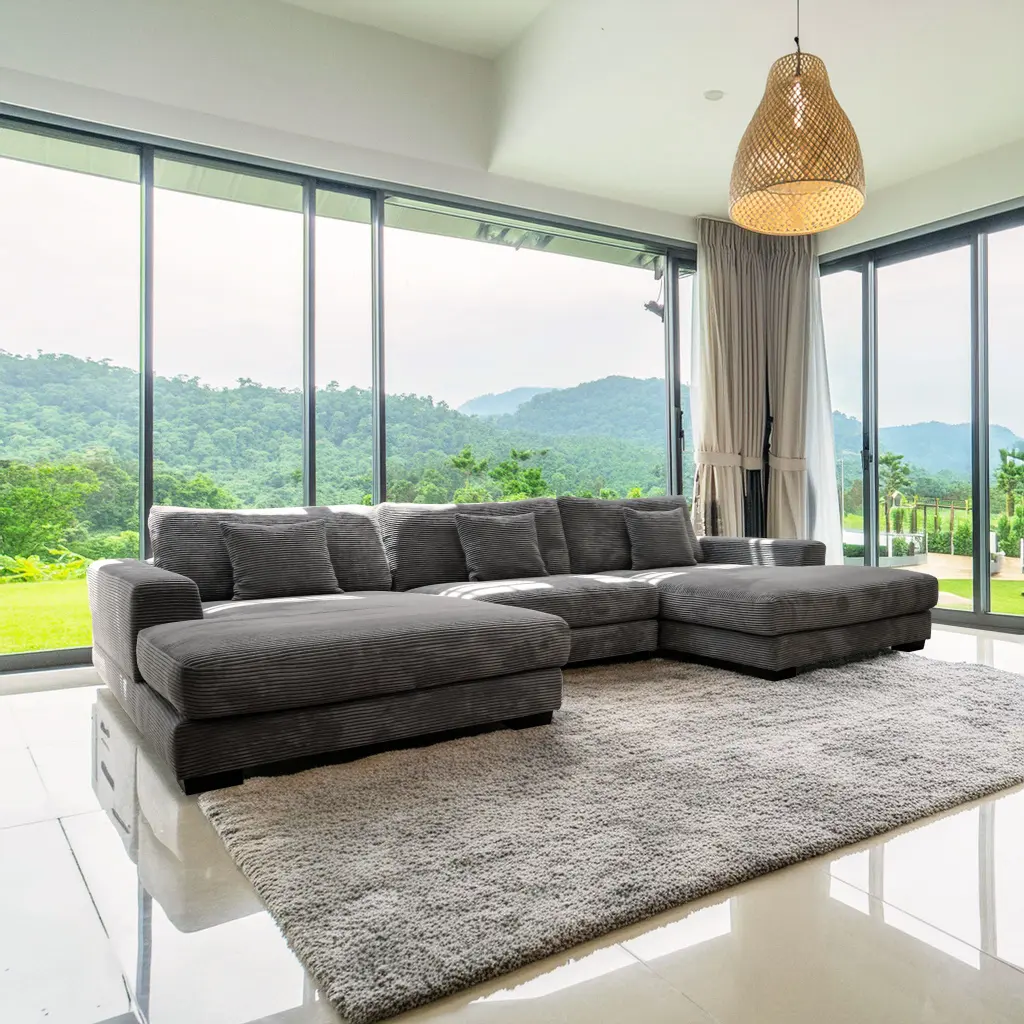 Bella Grey Corduroy U Shaped 3 Piece Sectional Grey Timber Corduroy 5 Seater - Modern Living Room Sofa american homestead ...