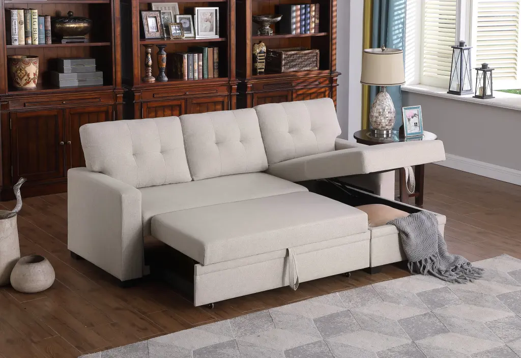 Upholstered Pull Out Sectional Sofa Chaise Beige Foam Linen Living Room Sofa cynthia-s furniture