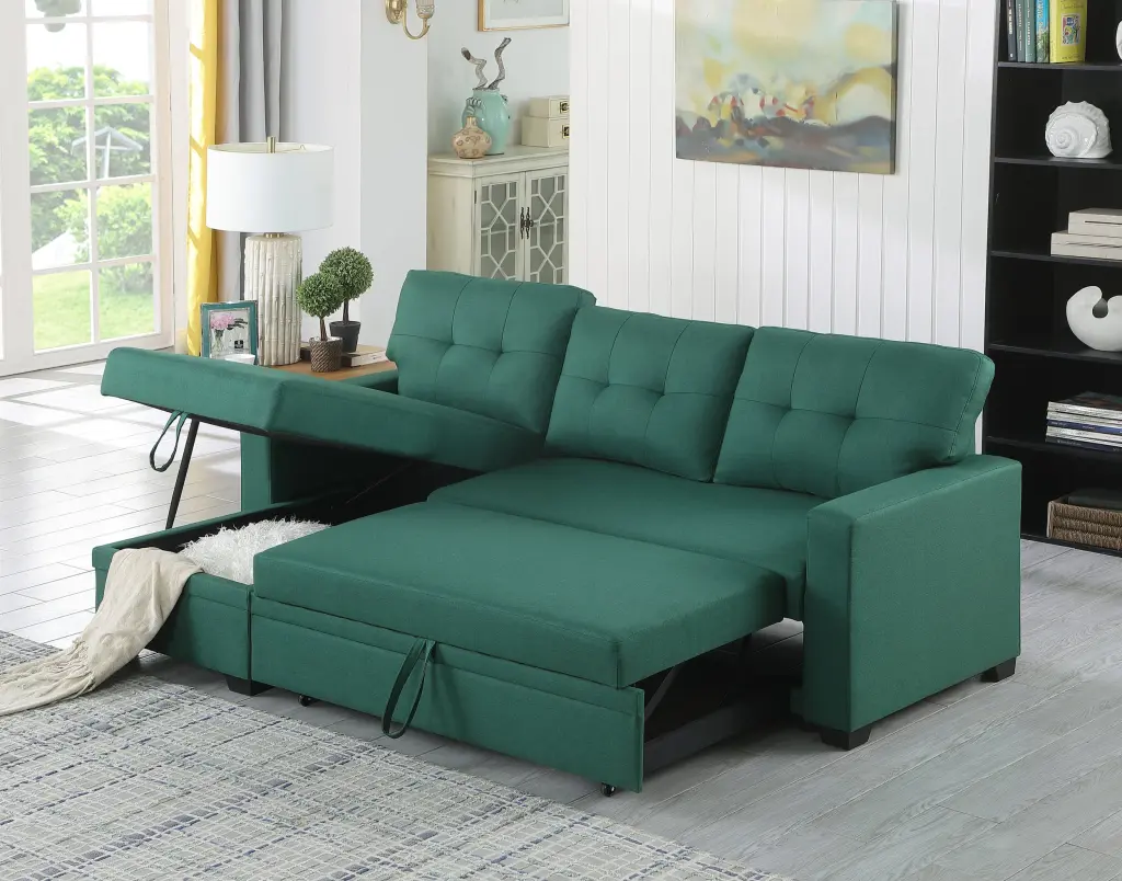 Upholstered Pull Out Sectional Sofa Chaise Green Linen Fabric cynthia-s furniture