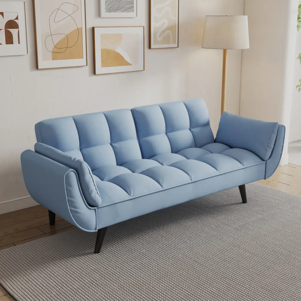 57 Inch Blue Sofa Soft Two Armrests and Throw Pillows Cozy Apartment Living fan chen furniture