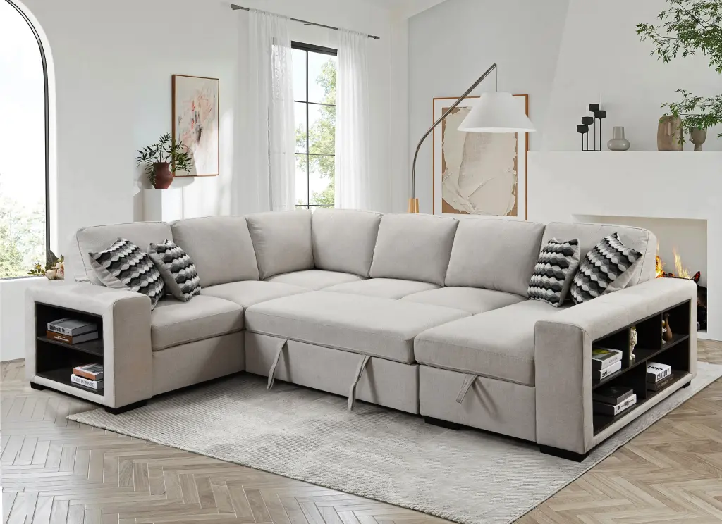 125 Inch Modern U Shaped 7 Seat Sectional Sofa Cabinet Storage happy home